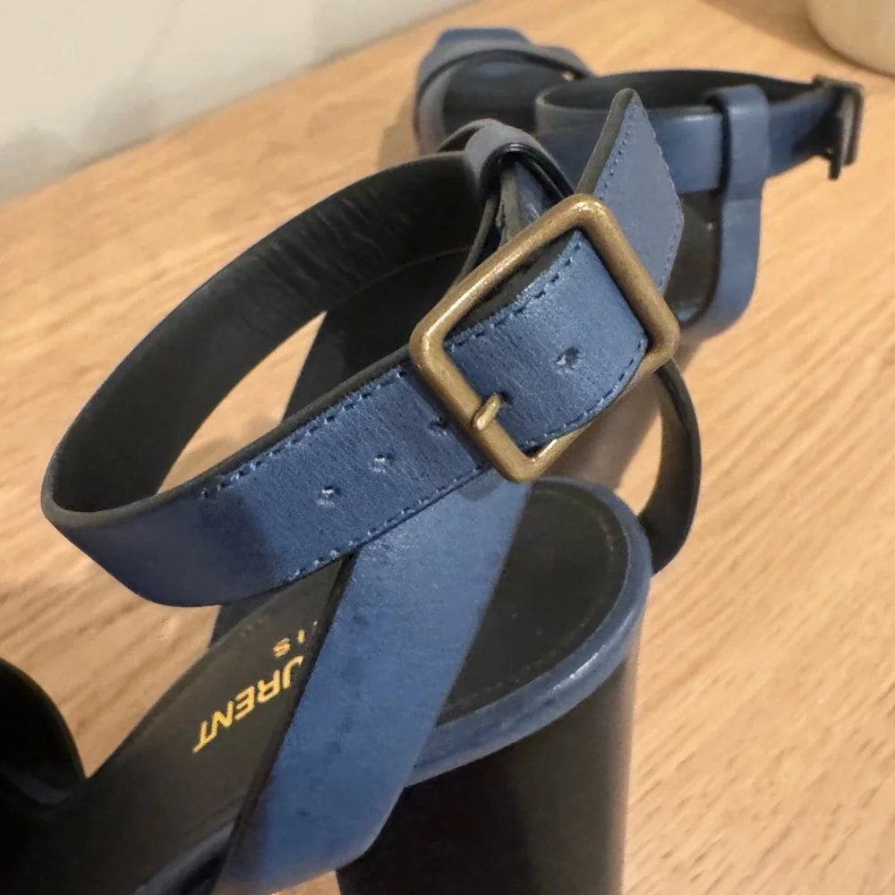 Saint Laurent Blue Leather Crisscross Block Heel Sandals - Picture 8 of 15